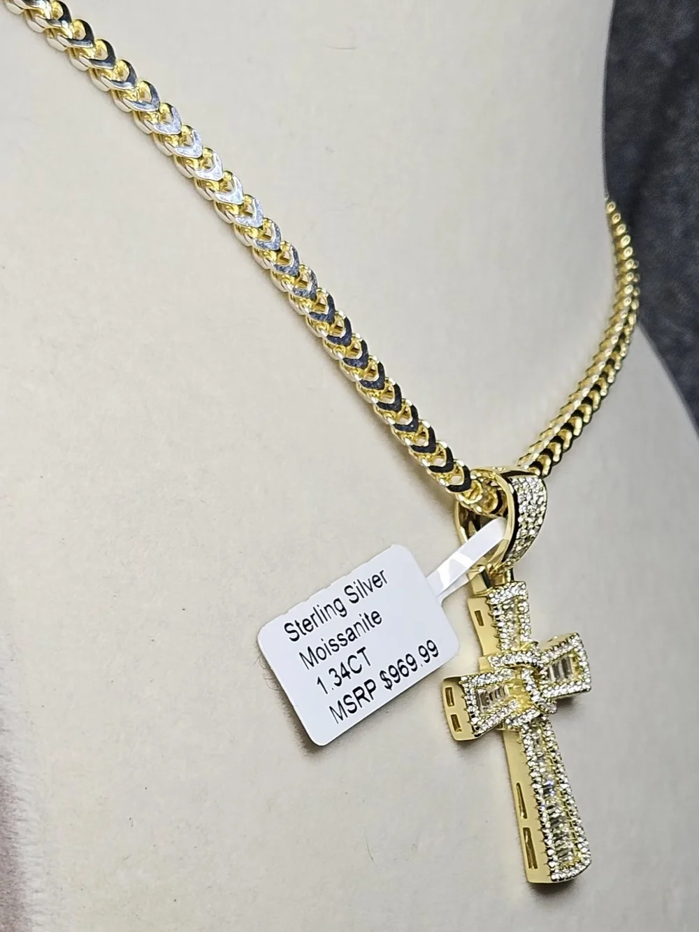 Sterling Silver 14k Gold Over Moissanite Cross Pendant And 18in Franco Chain